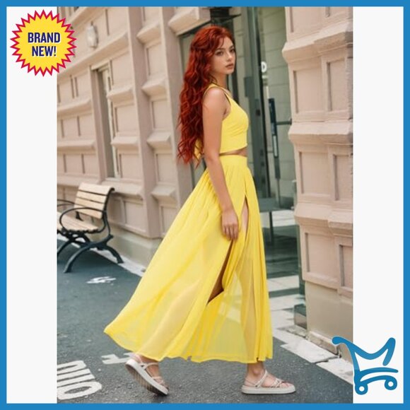 Chiffon 2-Piece Maxi Dress Set Deep V Neck Backless Crop Top High Split - Picture 4 of 7